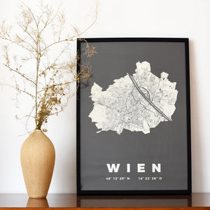Poster von Wien. Weiß auf schwarzem Hintergrund, mit Koordinaten. Minimalistisch arrangiert.