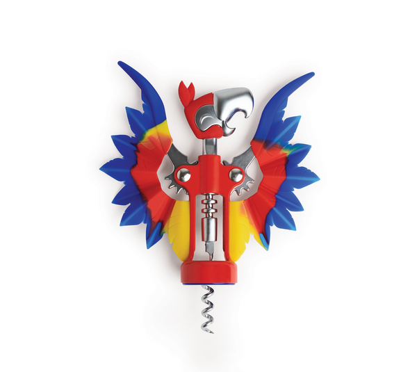 Produktansicht des Papagei Flaschenöffners/Korkenziehers mit bewegbaren Flügeln