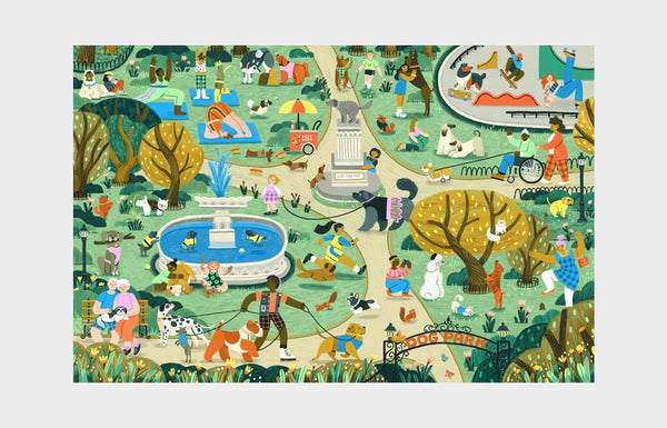 "Gassi gehen" ist ein Teampuzzle für Klein und Groß, weil es große und kleine Teile enthaelt. Das Puzzle ergibt ein buntes Bild in einem Park, mit vielen verschiedenen Menschen und Tieren!