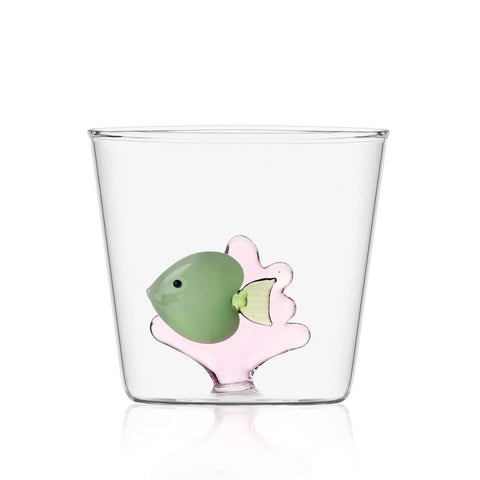 Glas mit einer kleinen 3D Figur "Fisch" innen - in grün und pink
