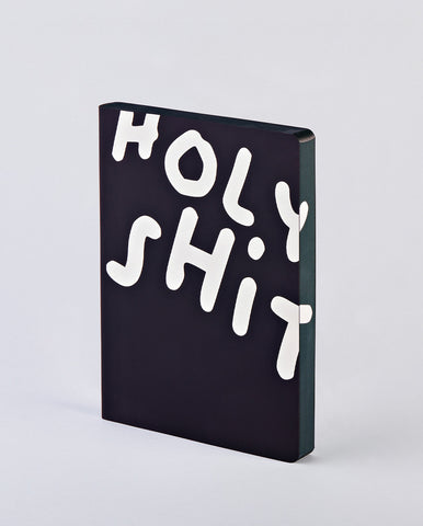 Das Nuuna Notizbuch "holy shit" strahlt in schwarz mit weißem Schriftzug