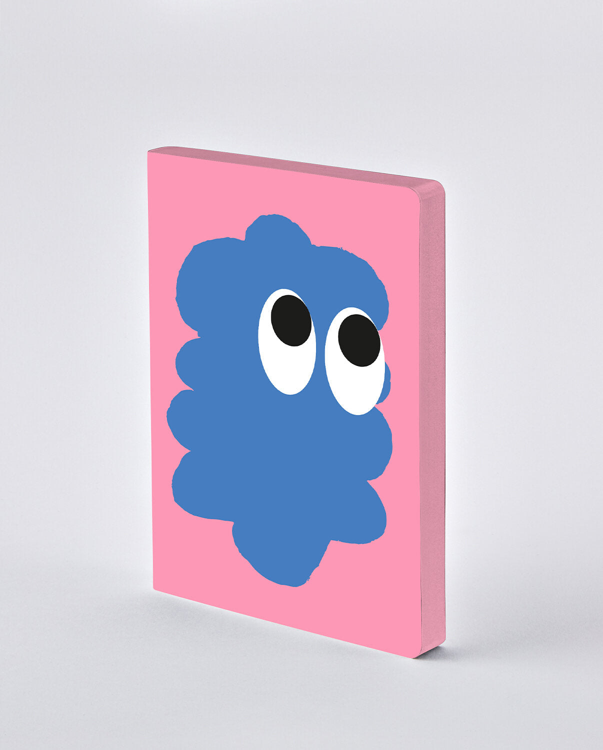 Notizbuch A% Titelbild mit Rosa Hintergrund und einem blauem Farbfleck mit Augen