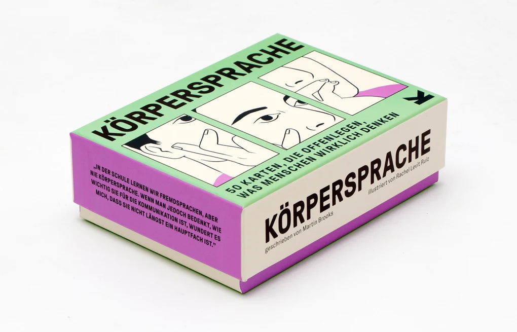 Körpersprache Kartenspiel, türkis lila Kartonschachtel mit schwarz weißen Illustrationen