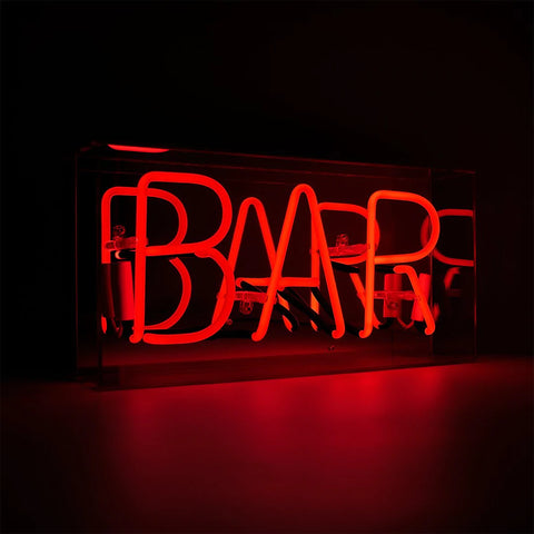 Neonschild Rot "BAR" mit Spiegel, von seite und dunkel