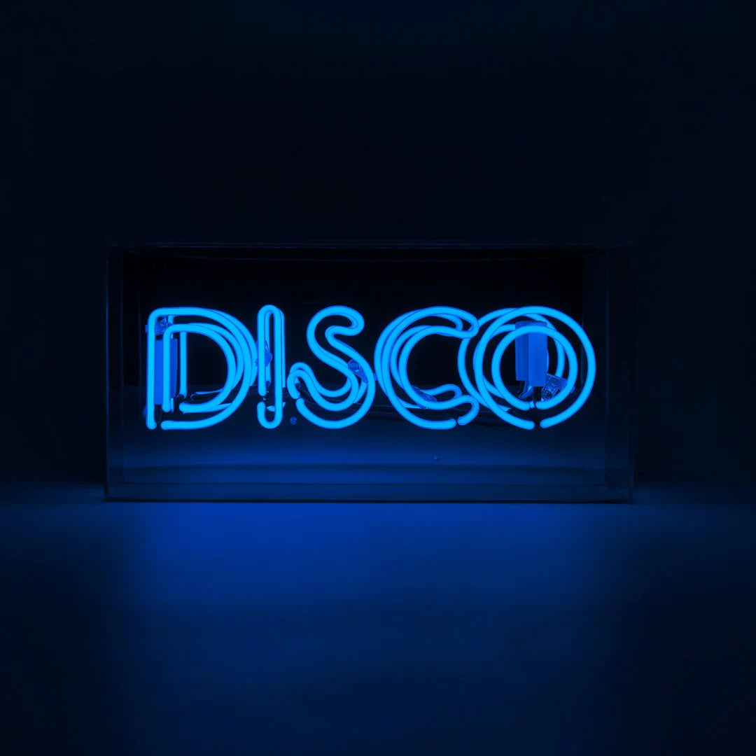 Neonschild Blau "DISCO" mit Spiegel, dunkel und von vorne