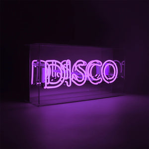 Neonschild Violett "DISCO" mit Spiegel, von Seite und dunkel