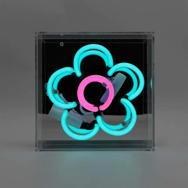 quadratisches Neonröhren Leuchtschild, mit Form einer blau pinken Blume, Spiegel als Hintergrung und Plexiglasrahmen zum aufstellen