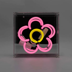 quadratisches Neonröhren Leuchtschild, mit Form einer pink gelben Blume, Spiegel als Hintergrung und Plexiglasrahmen zum aufstellen