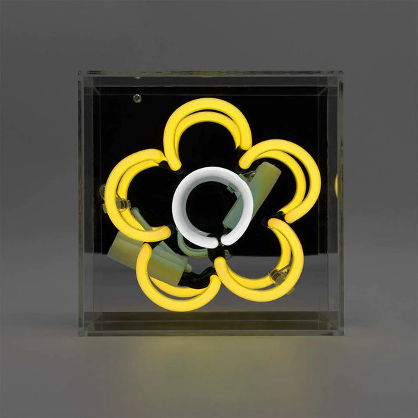 quadratisches Neonröhren Leuchtschild, mit Form einer gelb weißen Blume, Spiegel als Hintergrung und Plexiglasrahmen zum aufstellen