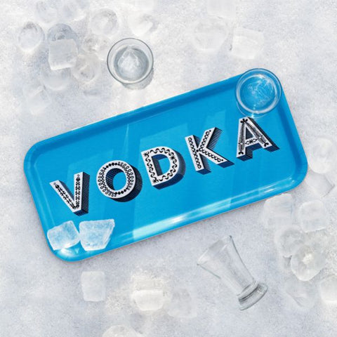 Tablett "VODKA" Aufdruck und blauem Hintergrund 