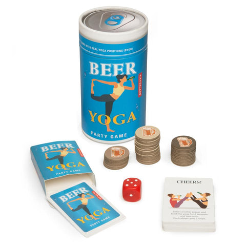 Bier Yoga: Kartenspiel mit Chips und einem Würfel sowie Anleitung