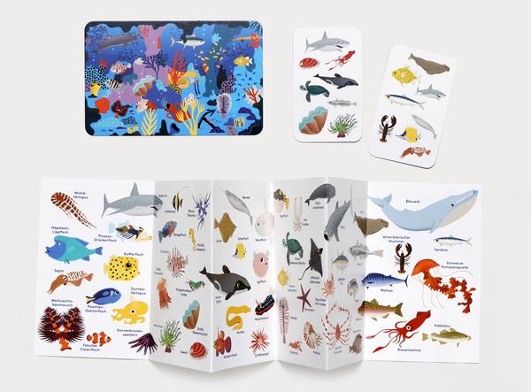 Katalog/Legende mit bunten Illustrationen von Meerestieren