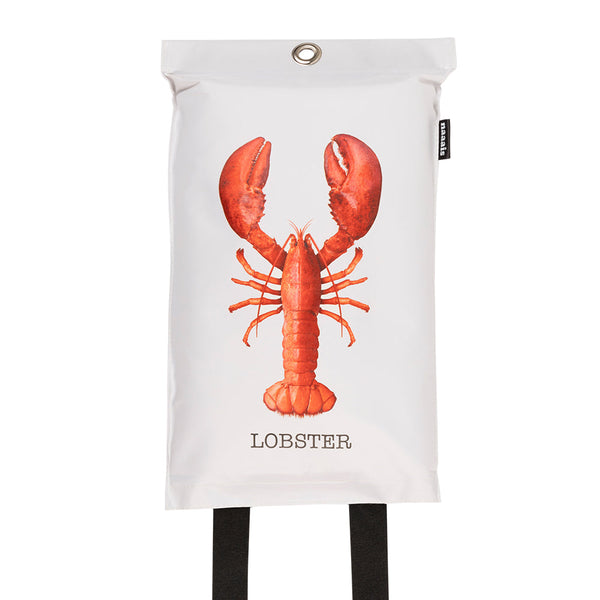 weiße Löschdecke mit einem roten Hummer vorne drauf und Schrift: Lobster