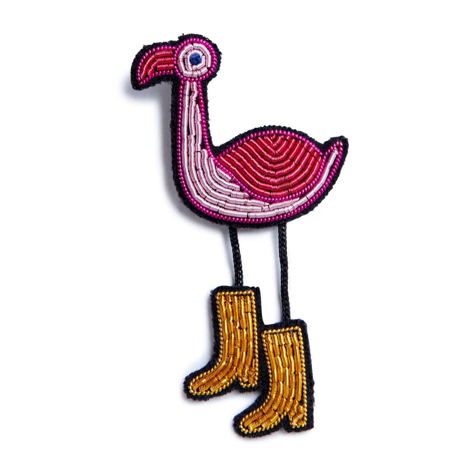 Brosche mit besticktem Flamingo mit goldenen Stiefeln, rosa, gold und schwarze Umrandung