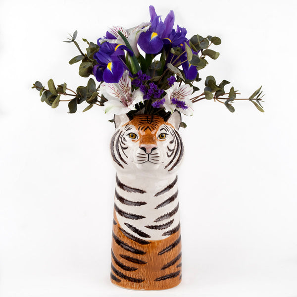 Handbemalte Tigervase mit violetten Blumen