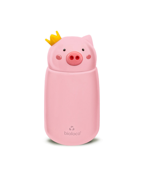 rosa Trinkflasche für Kinder, Schweinchenkopf mit gelber Krone als deckel,