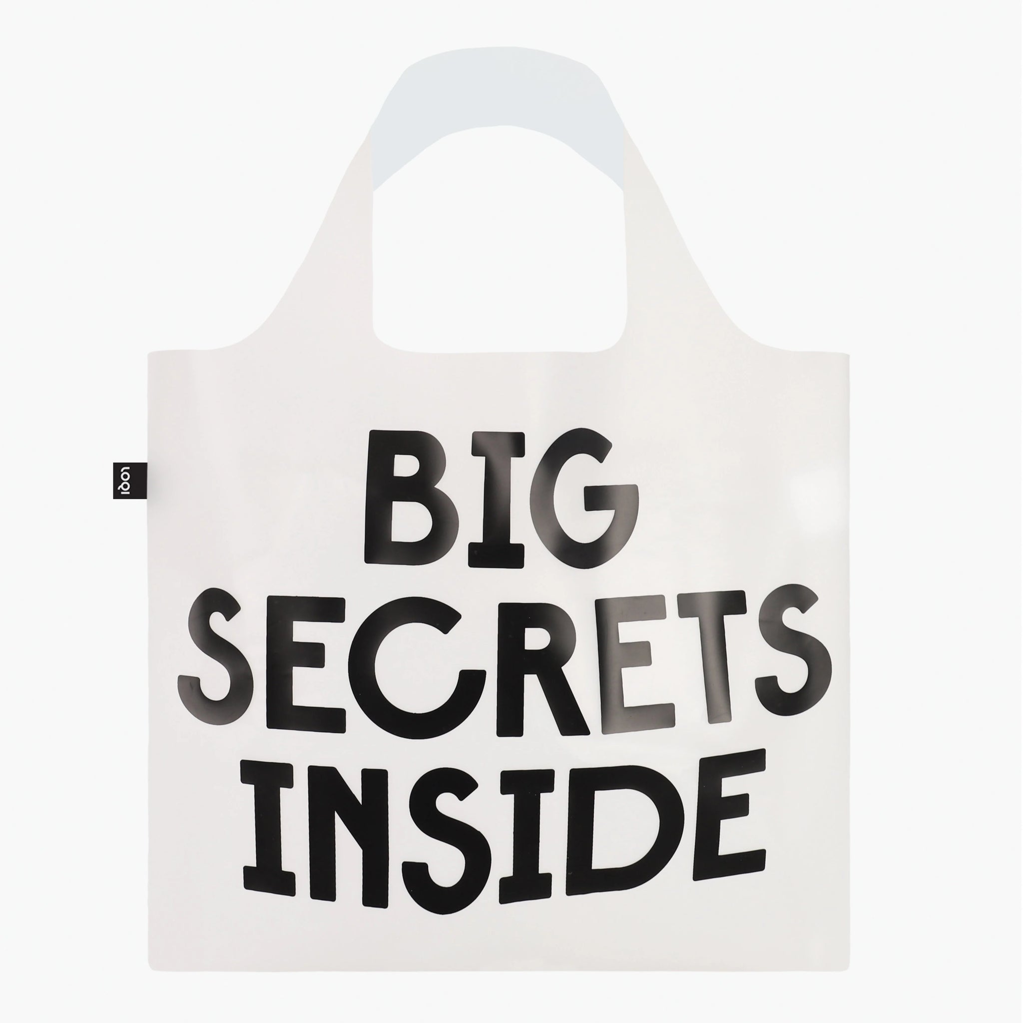 Einkaufs/Allzwecktasche aus transparentem Material, schwarze Aufschrift: BIG SECRETS INSIDE, Größe 50 mal 42 cm