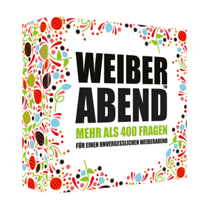 Spiel Weiberabend, weißer quadratischer Karton mit buntem Muster am Rand, Aufschrift: Weiber Abend, mehr als 400 Fragen für einen unvergesslichen Weiberabend