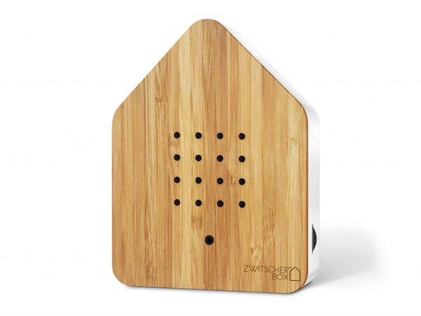 Zwitscherbox, in Form eines kleinen Hauses, helles Holz mit Lautsprecher auf der Vorderseite