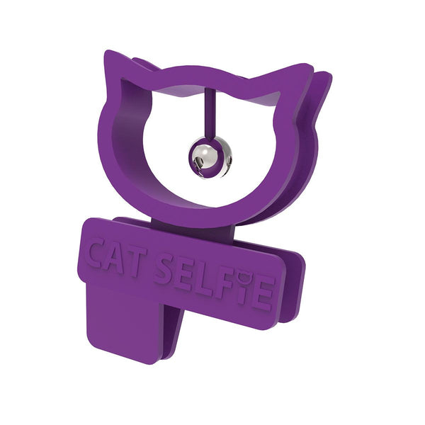 violettes Katzenselfie Tool zum auf Handy klipsen, in Form eines Katzenkopfes mit Glocke